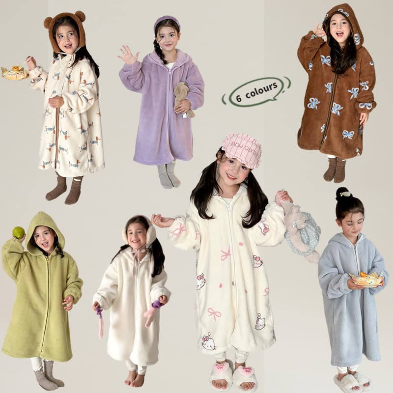 Aimobeibei Children's Coral Fleece Sleep Gown Boys/Girls Cartoon Cute Solid Color Thickened Homewear Plush Nightgown