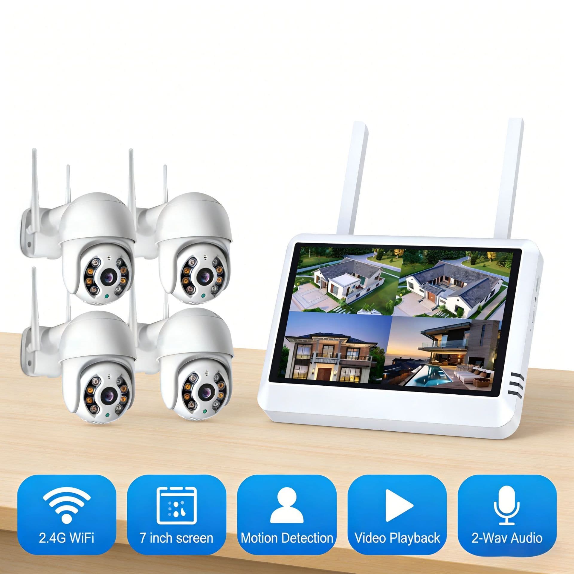 CCTV Surveillance System WiFi with Screen Kit, Screen NVR, PTZ Camera, 4ch/2ch Wireless