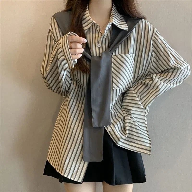 Striped Long-Sleeve Blouse Spring Autumn Women's New Shawl Faux Two-Piece Design Loose Slimming Cardigan Trendy