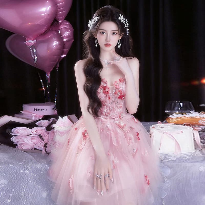Pink Strapless Evening Gown Fairy-Tale Style Adult Coming-of-Age Birthday Princess Dress 2026 New High-End Light Luxury Dress