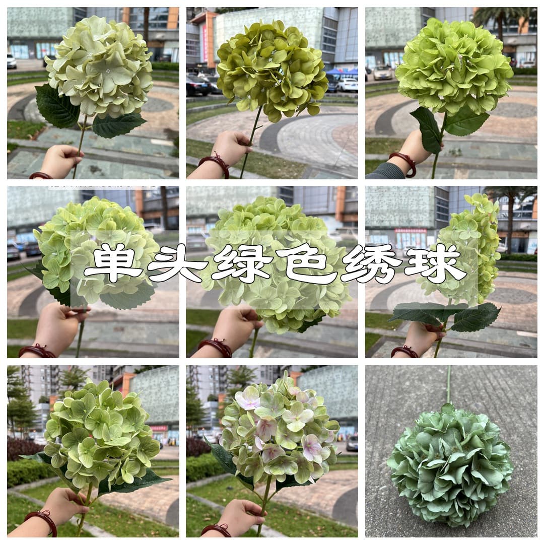 Single-head green hydrangea wedding artificial flower wholesale, dark green and light green hydrangea for wedding hall soft decoration party fake flowers