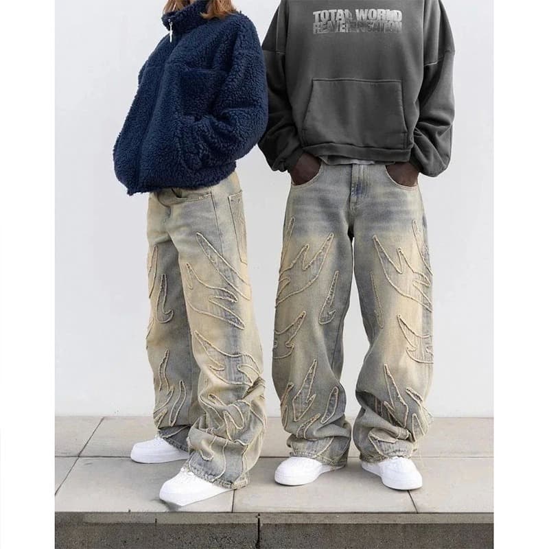 American Harajuku Retro Bat Pattern Embroidered Loose Jeans Men's Street Fashion Pants Lazy Jeans