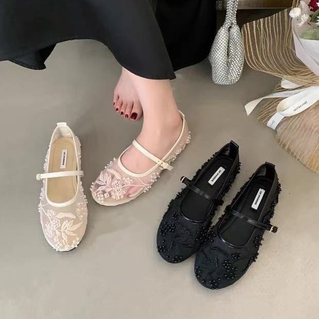 Fashionable outer ballet shoes 2026 spring new mesh pearl embroidered shallow mouth round toe flat sole outer shoes