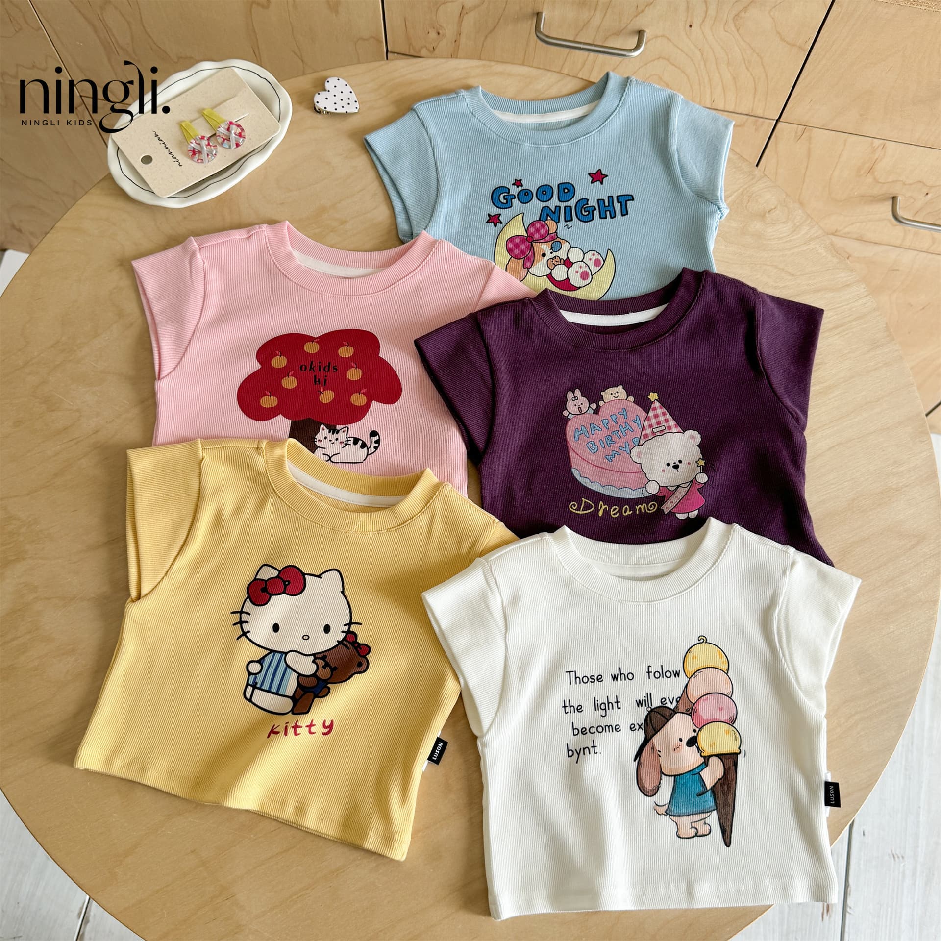 【Ningli】Girls Short Sleeve T-Shirt Short Style 2026 Summer New Kids Kitty Trendy Top Thin Style