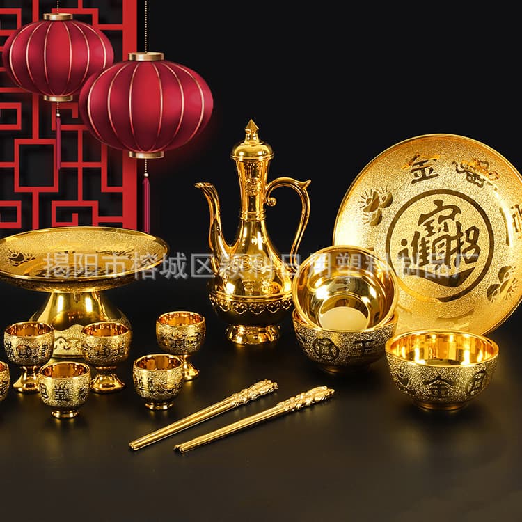 Golden Buddhist offering set for temples or home use, including offering trays, vegetarian dishes, wine pots, deity cups, and plastic chopsticks.