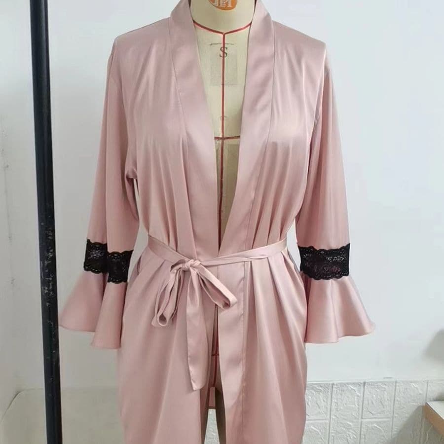 Solid color sexy bathrobe, all seasons, satin nightgown, loose-fitting lace loungewear, erotic style, 1922