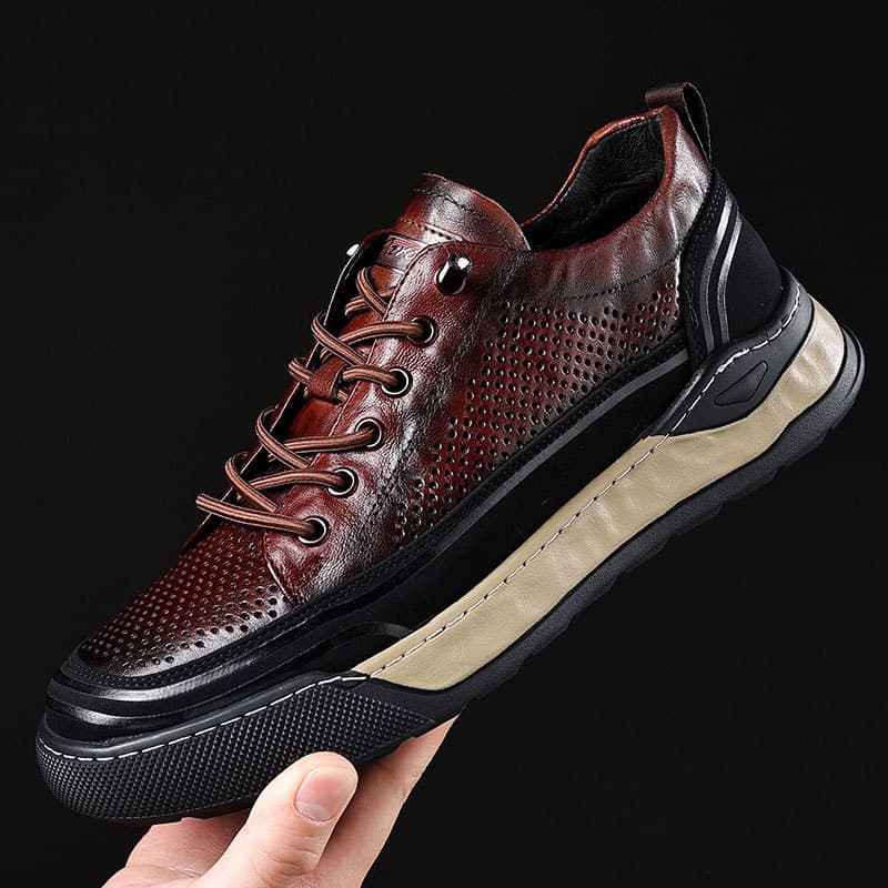 Summer Men's Shoes, Trendy Brand High-End Sneakers, Men's Genuine Leather Hollow-Out Versatile Casual Shoes, Sports Breathable Shoes for Men