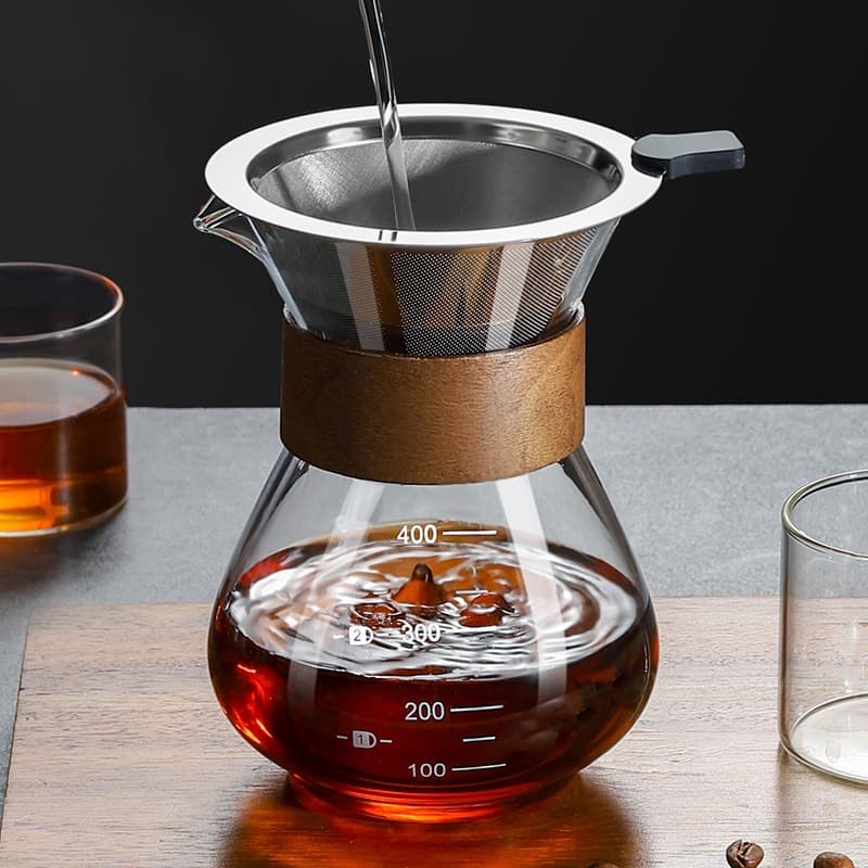 Pour-over Coffee Pot Borosilicate Glass with Scale Filter Net Coffee Drip Cone Filter-free Coffee Server