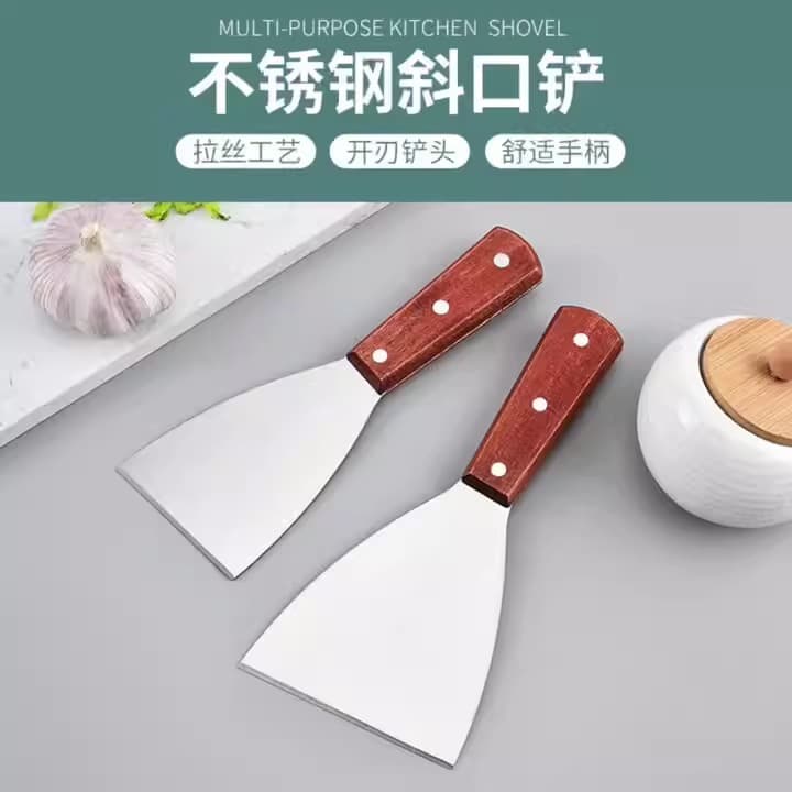 Stainless Steel Wooden Handle Slant Spatula Japanese Cooking Spatula Teppanyaki Spatula Baking Spatula Pancake Spatula Baking Tool