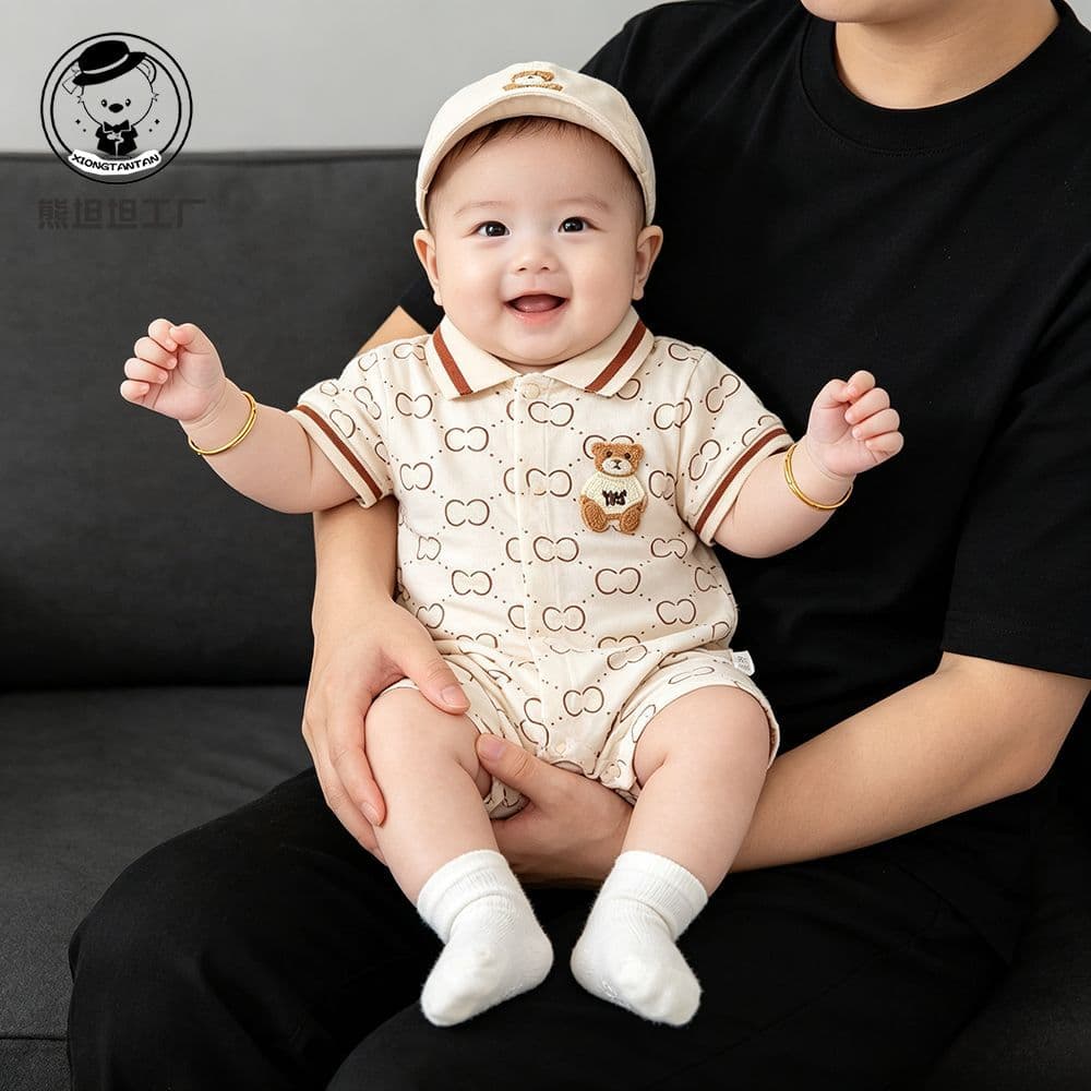 Baby summer clothes for boys, pure cotton short-sleeved sports-style jumpsuits, newborn summer outing clothes, super cute and fashionable