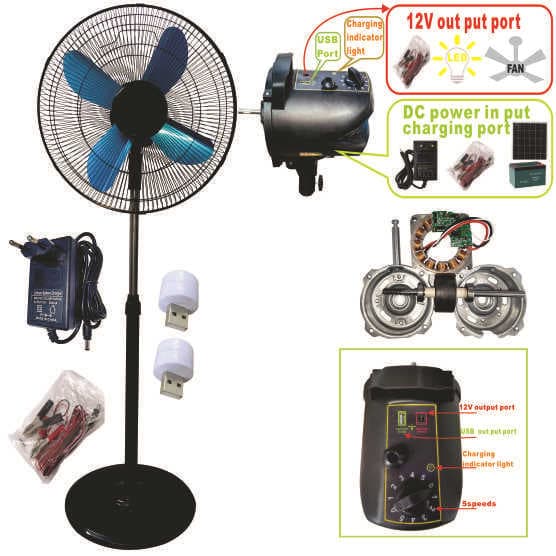 12V & 220V Dual Wide Voltage Emergency Rechargeable Solar Battery 18-inch Aluminum Blade Floor Fan