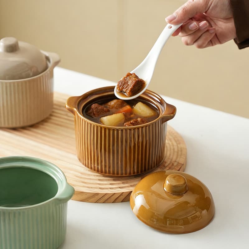 Ceramic Steaming Bowl with Double Handles, Stew Pot with Lid for Soup, Bird's Nest, Steamed Egg Custard, Household Use