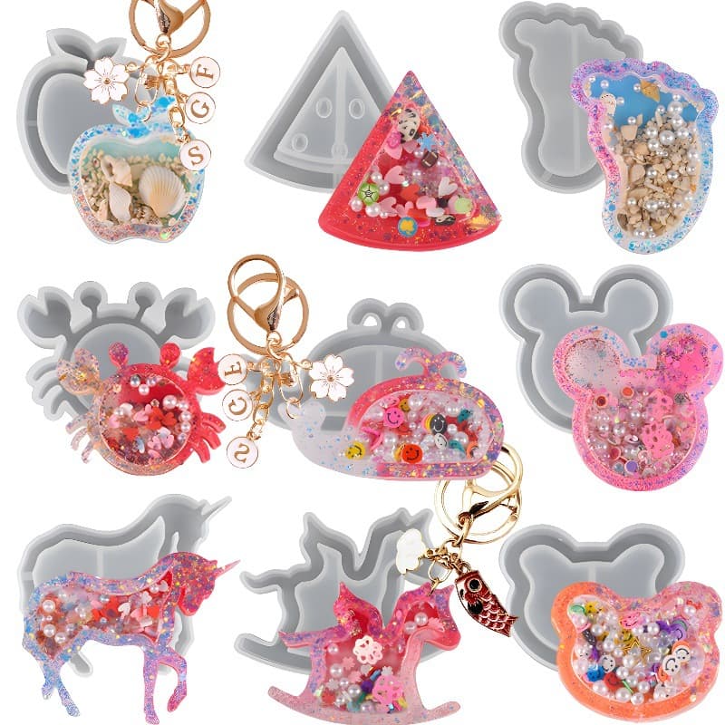 Epoxy Resin Mold Keychain Bag Charm Apple Foot Unicorn Rocking Horse Animal Liquid Sand Silicone Mold