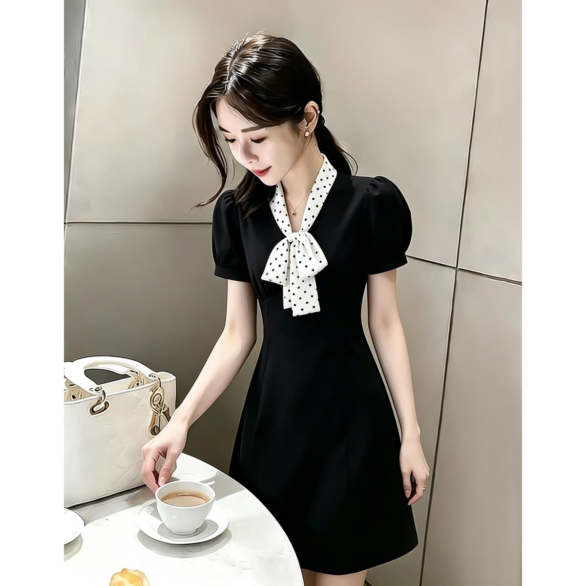 French Casual Little Black Dress 2026 Summer Women's New Polka Dot Tie Short Sleeve Dress Hepburn Style Short Dress