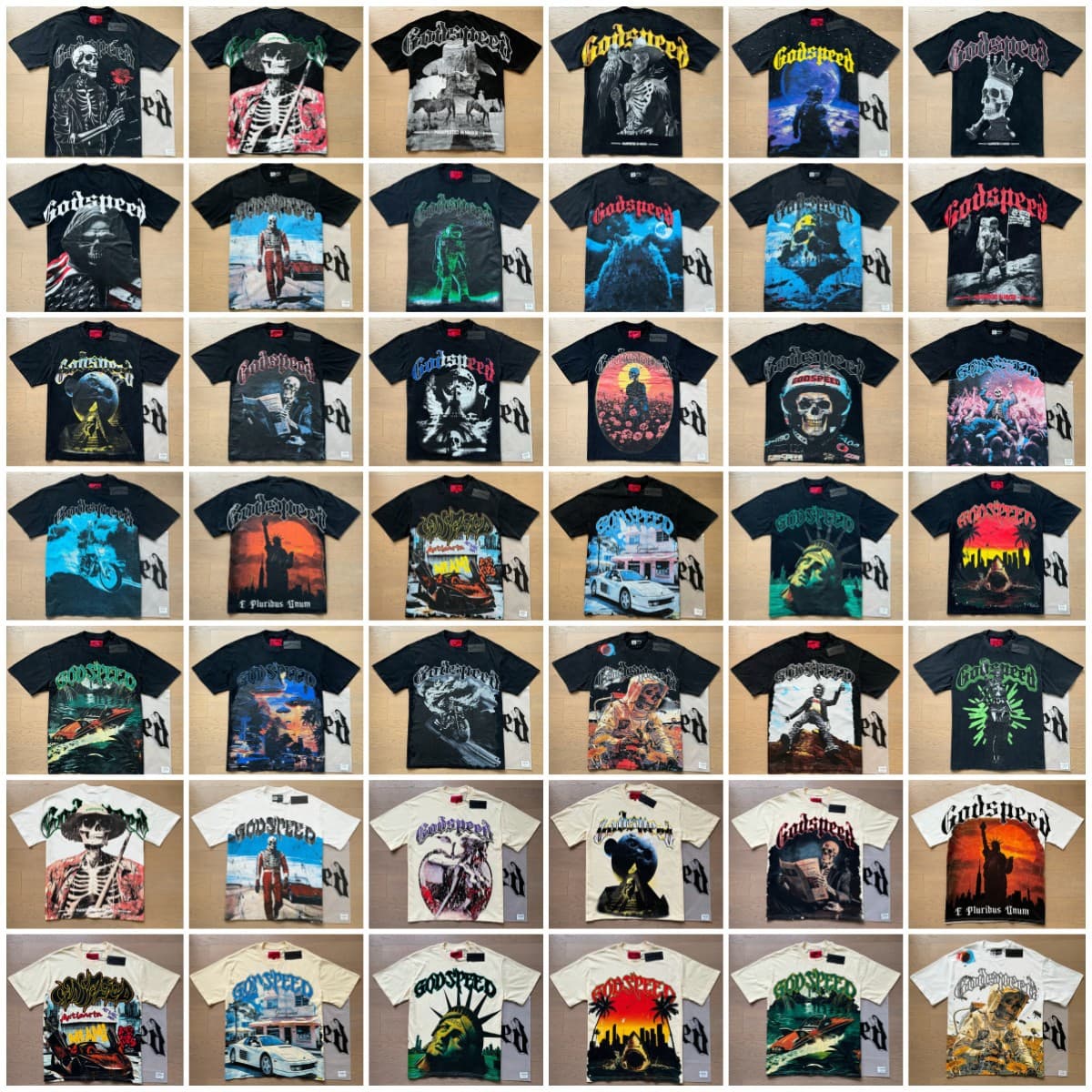 Cross-border American Streetwear Godspeed Retro Skull Print Summer Casual Hip-hop Washed Short Sleeve T-Shirt