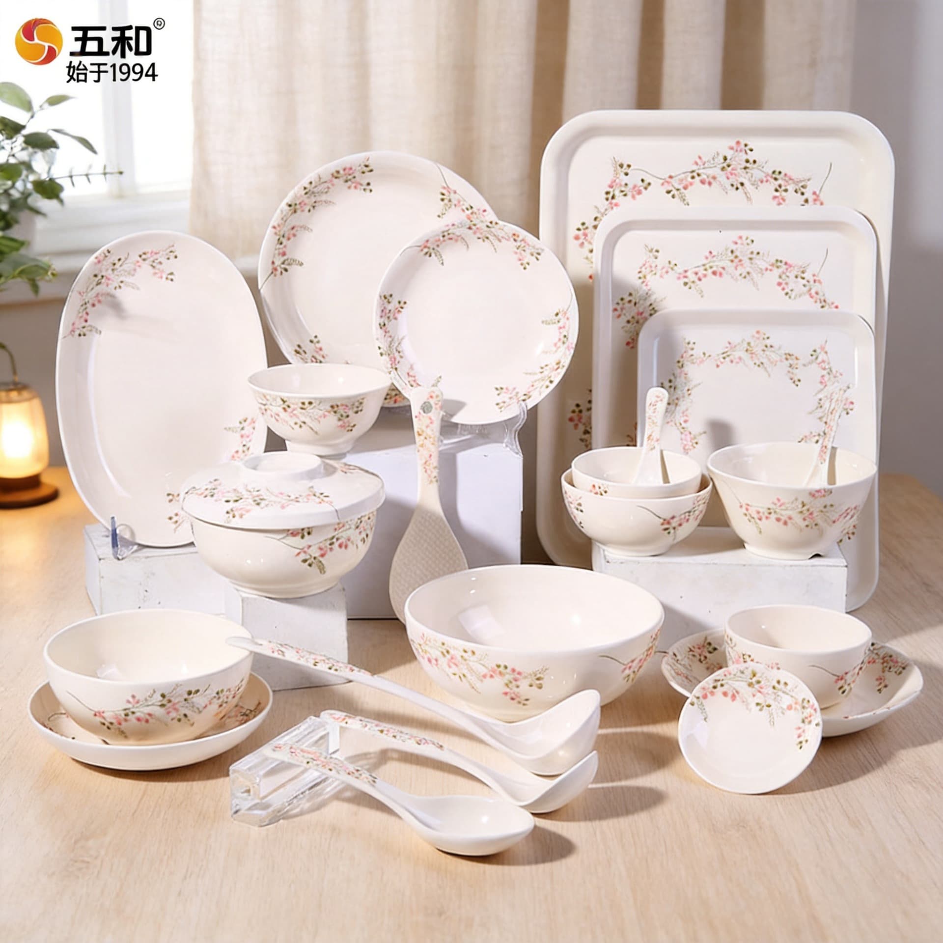 Food Grade Melamine Dinnerware Set Peach Blossom Pattern Easy to Wash Dishware for Home And Restaurant Use Adult Floral