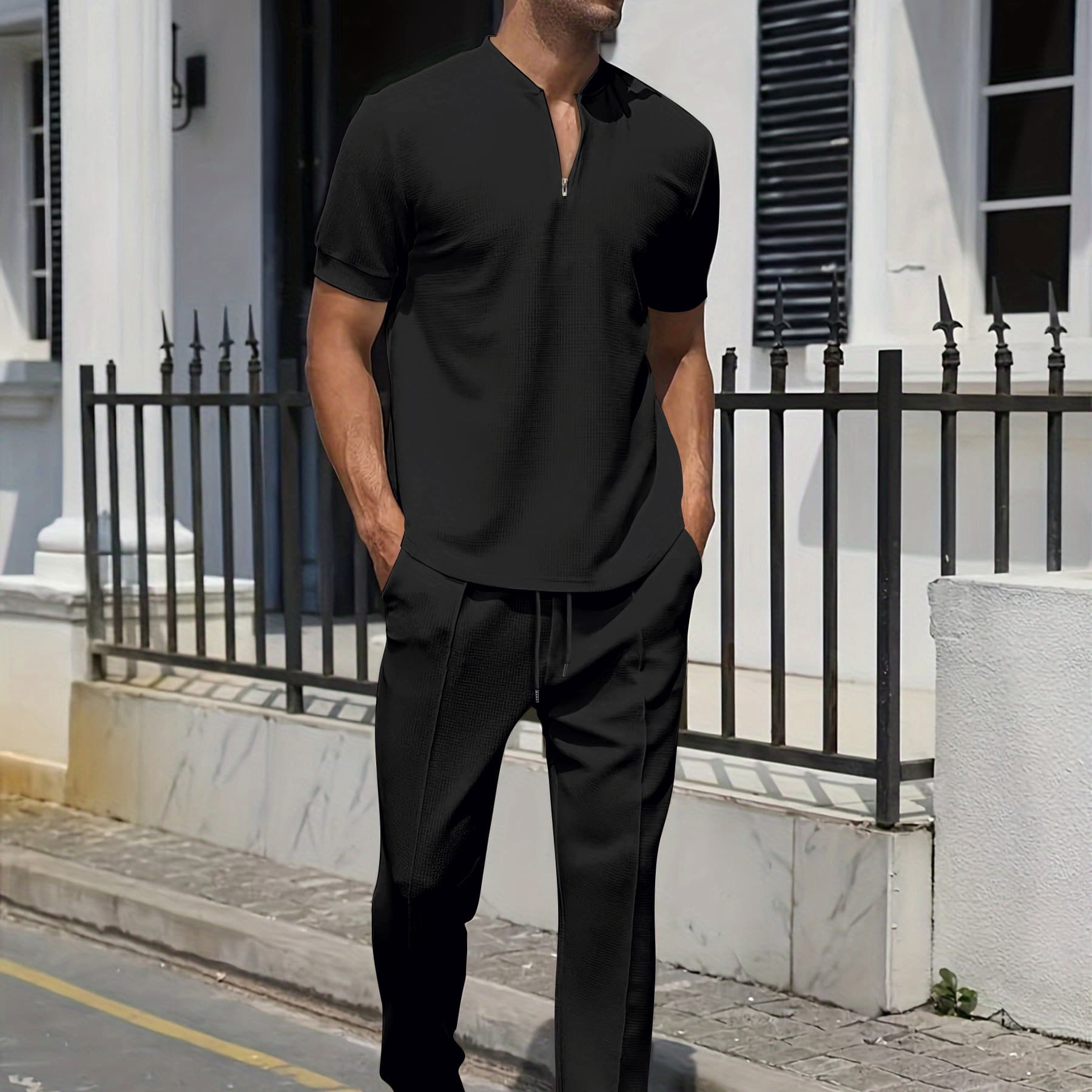 Cross-Border New European and American Men's Short Sleeve Set Solid Color Waffle Stand Collar Half Zip Short Sleeve T-Shirt and Long Pants Set