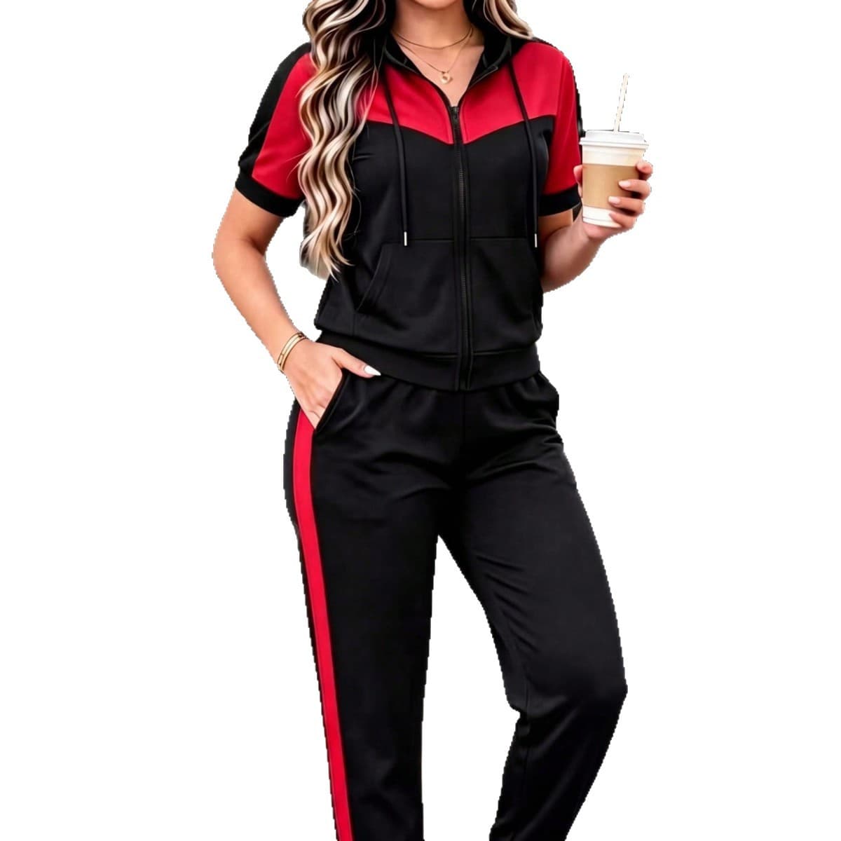 Cross-border European and American spring and summer new styles, contrasting color short-sleeved cardigan top + straight pants, women's fashion casual suit