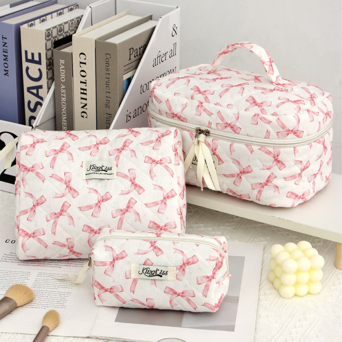 Beige Bags Girly Heart Pink Bow Print Cosmetic Bag Three-piece Set Portable and Practical Cross-border Supply