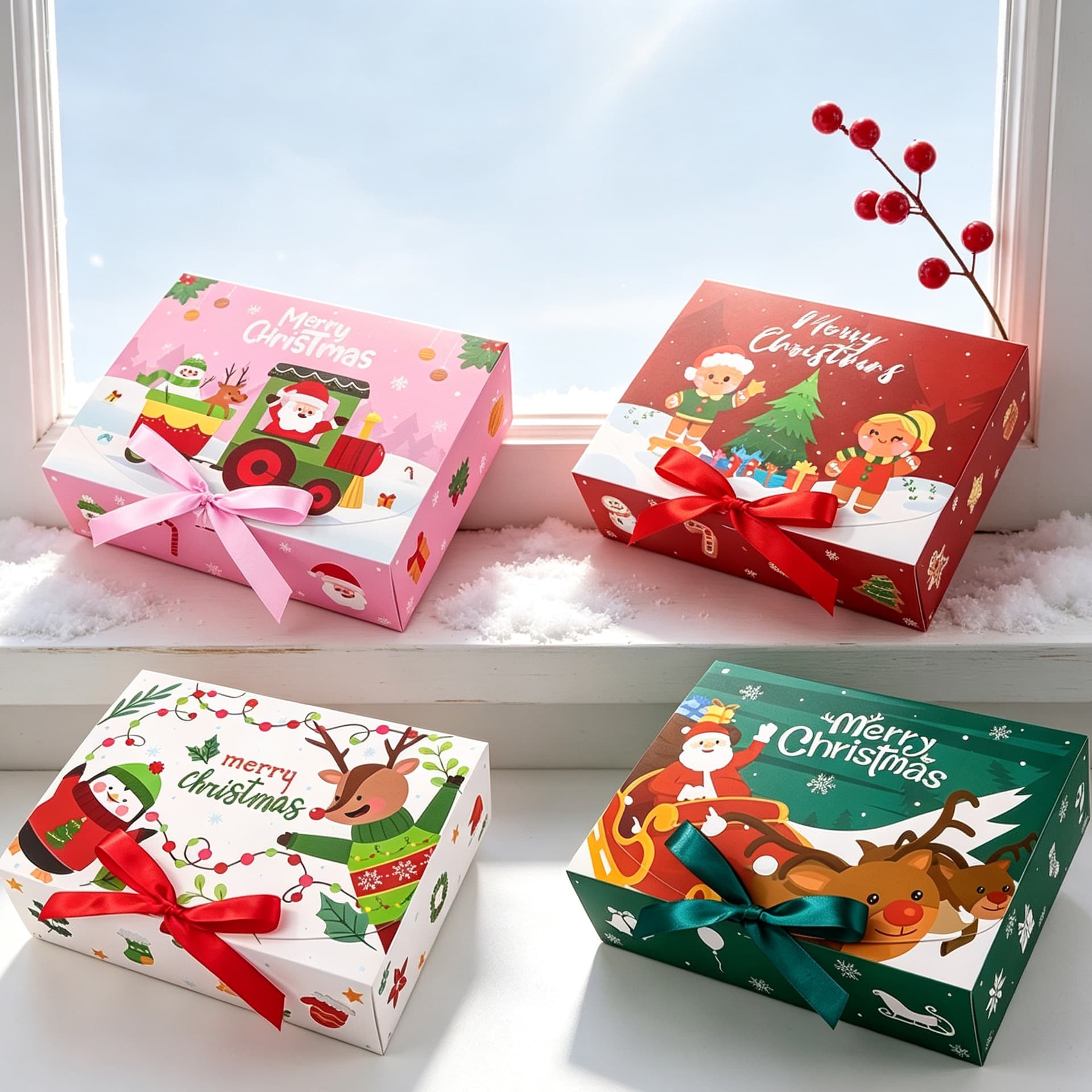 2026 Christmas Packaging Box Holiday Party Cartoon Christmas Gift Box Foldable with Ribbon Gift Box Souvenir Box