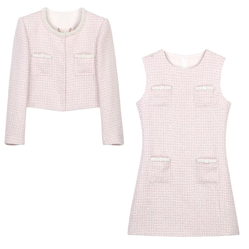 Spring Women's Elegant Light Luxury Heavy Beading Pink Chanel-Style Jacket + Waist-Fitted Dress Set