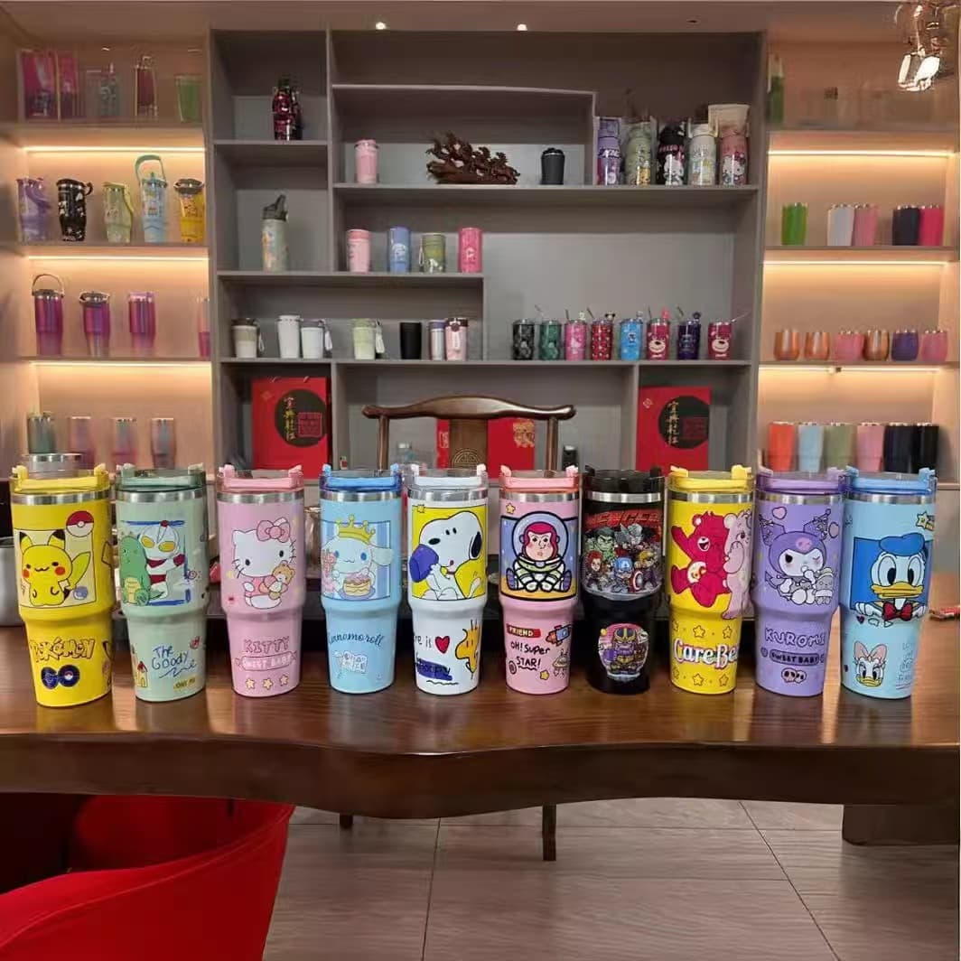 304 Stainless Steel Car Cup with Cartoon Pattern, Portable Thermos Cup, Cute Straw Car Ice Cup