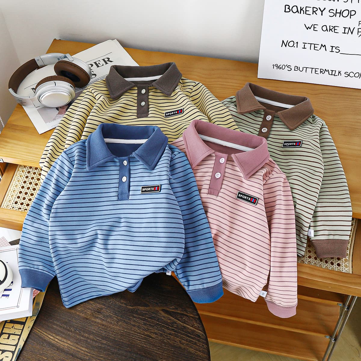 2025 spring/autumn children's base layer boys' German velvet polo shirt new striped top loose versatile collared shirt