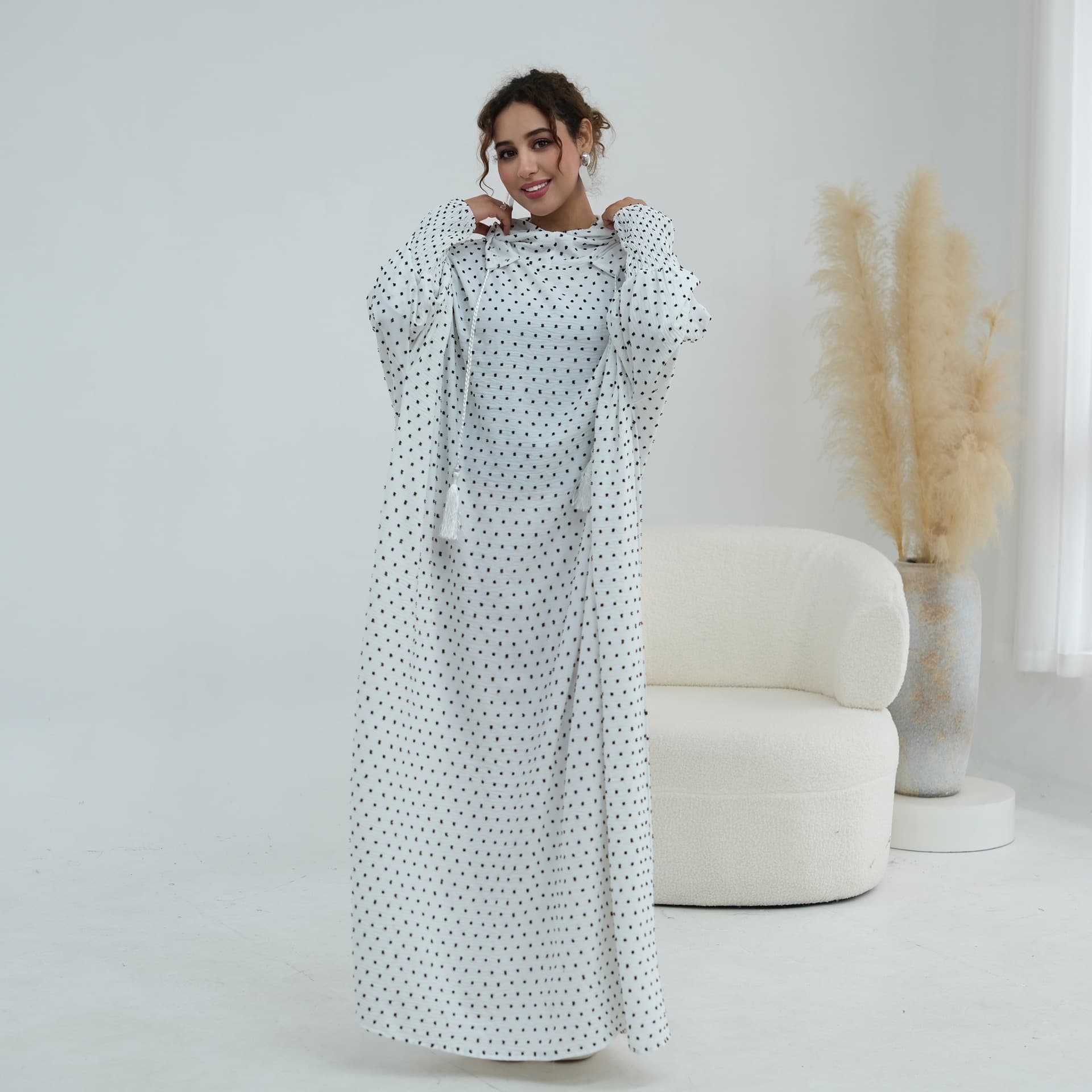 Ai Yi Rui Real Shot Direct Output, Plus Size Elastic Long Sleeve Embroidered Polka Dot Hooded Dress 1196