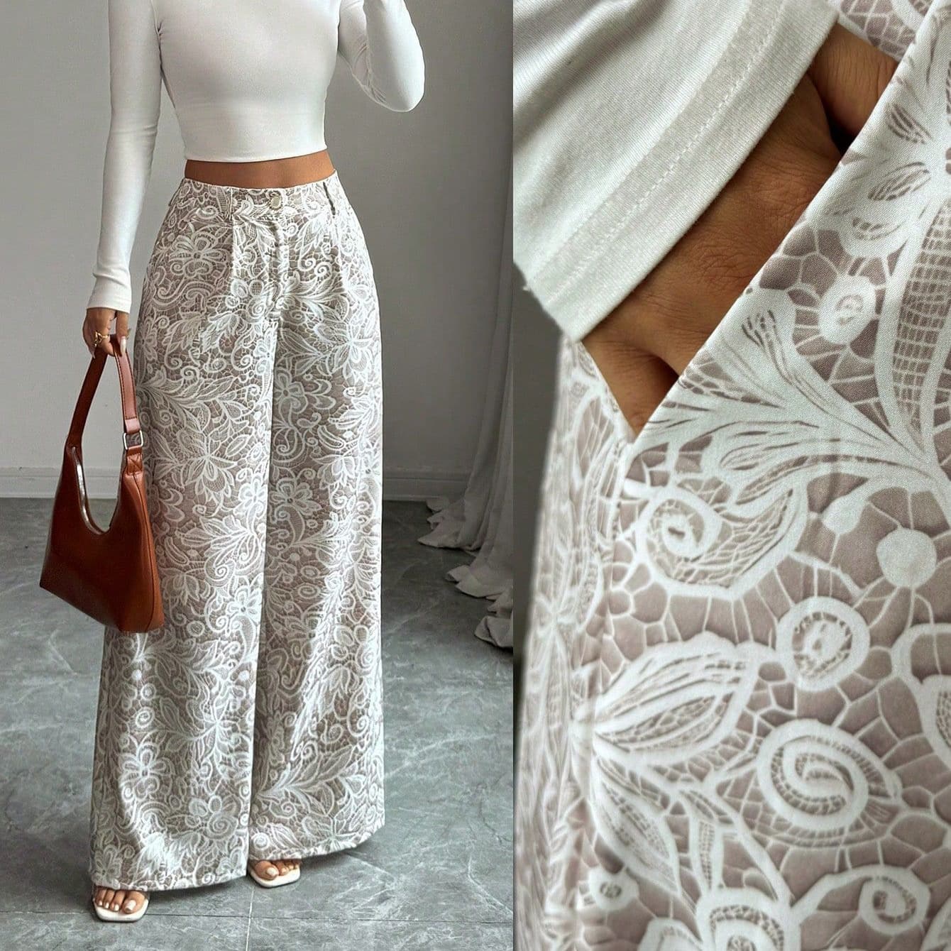 European and American style high waist pleated lace wide leg pants for women, retro hollow pattern loose floor mopping casual trousers wholesale