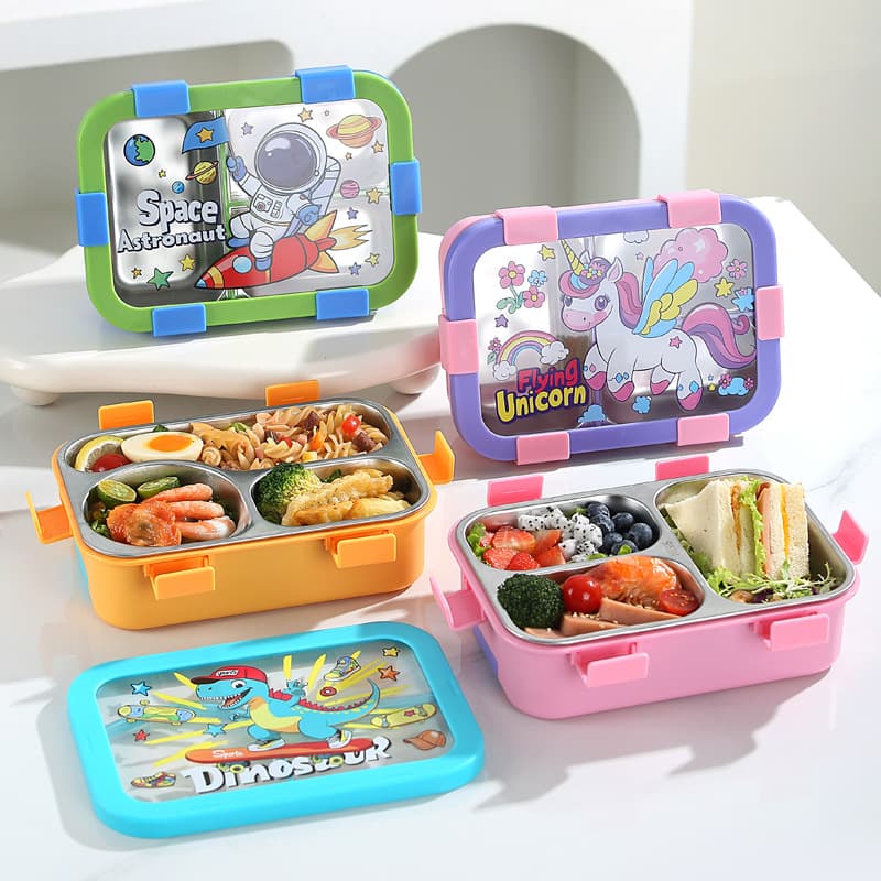 Cross-border 304 stainless steel cartoon lunch box sealed and insulated with soup bowl 3 compartments with rice lunch box portable lunch box