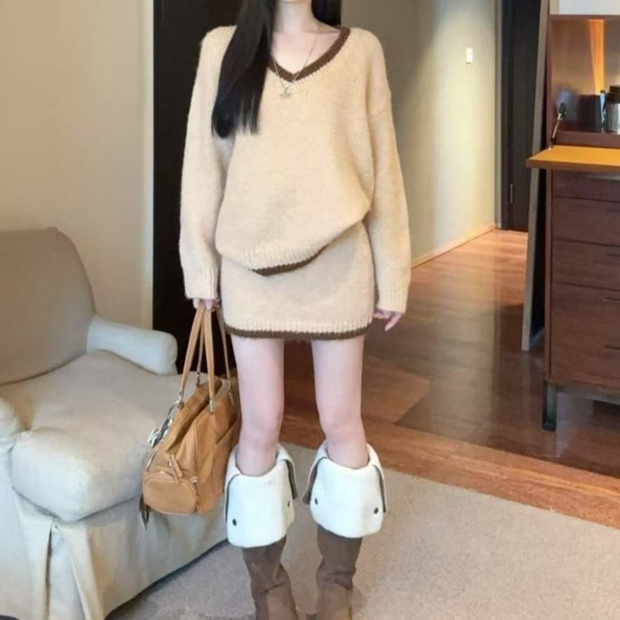 Simple high-end sweater suit skirt women's autumn and winter new fashion temperament slim knitted skirt two-piece set women's trendy