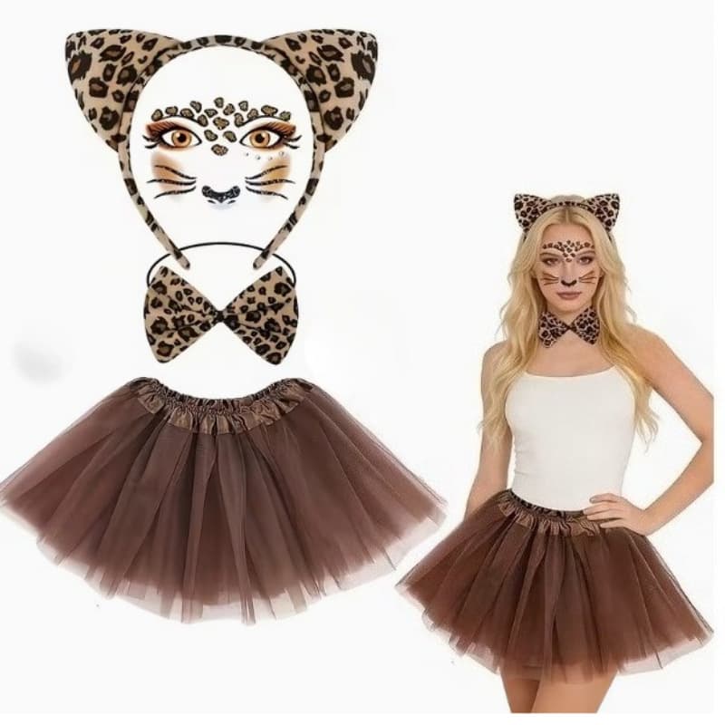 Halloween Cosplay Leopard Costume Half-Body Tutu Skirt Bow Tie Tail Headband Set Party Outfit