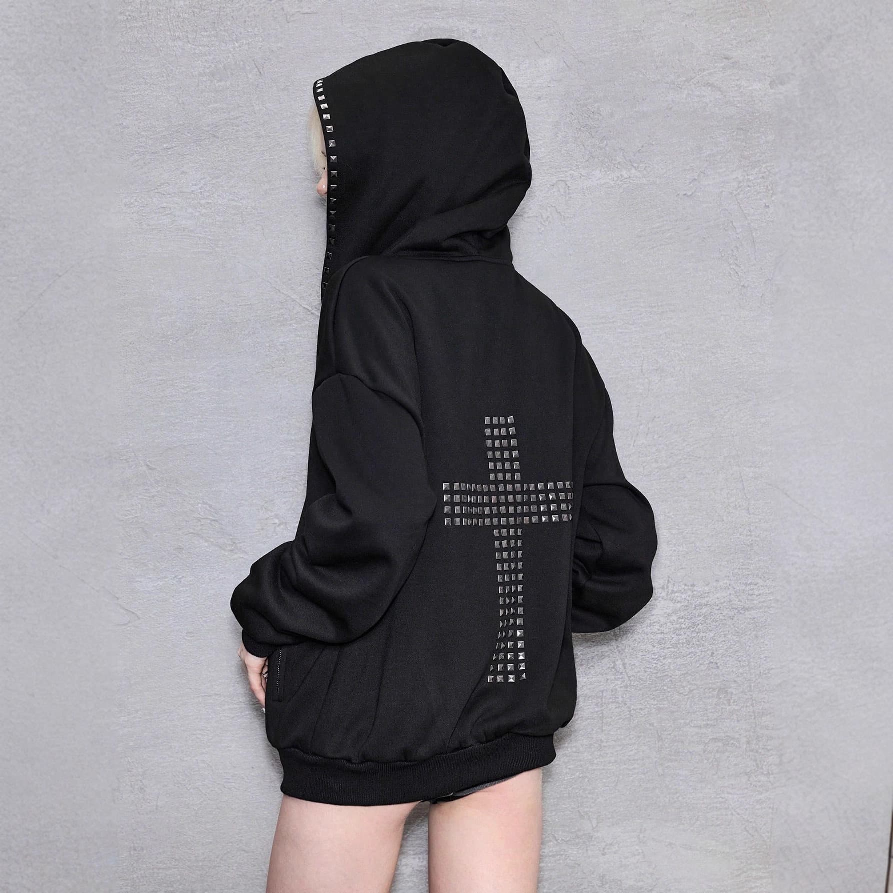 Gothic dark retro style Y2K cross hot diamond zipper hoodie 2025 autumn and winter cross-border foreign trade new style