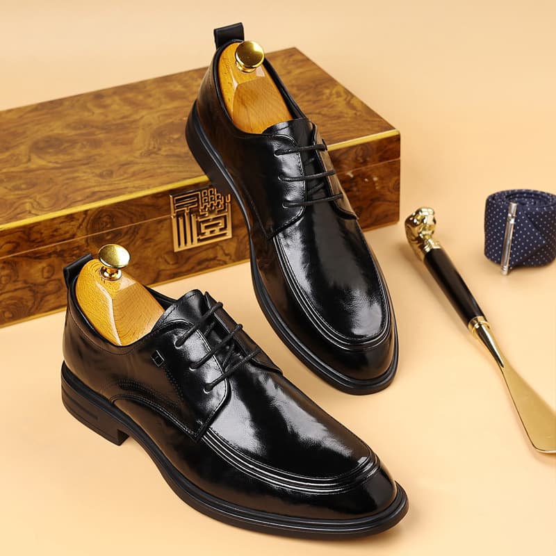 New Top Layer Cowhide Men's Business Casual Leather Lace-up Pointed Toe Shoes Soft Sole Breathable Loafers