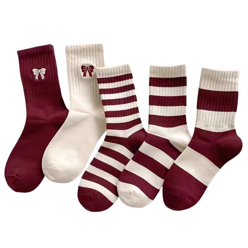 Ankara Red Women's Socks Bow Wine Red Mid-Length Socks College Style Student Girl Stacking Calf Socks