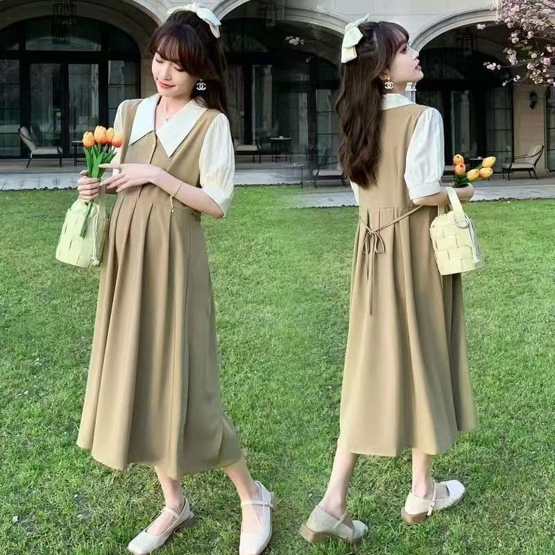 Maternity Summer Dress Fake Two-Piece Stitching Western Style Age-Defying Long Dress Loose Slimming Fashionable Mom Dress Summer Maternity Dress