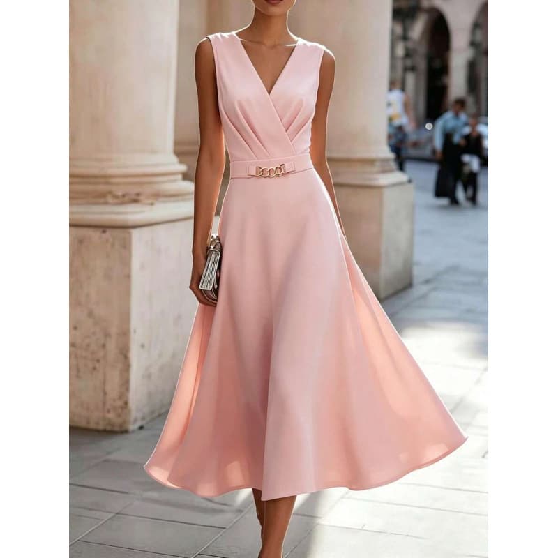 Amazon Cross-border European Style Summer New French Light Luxury Pink V-Neck Sleeveless A-Line Fitted Dress for Women