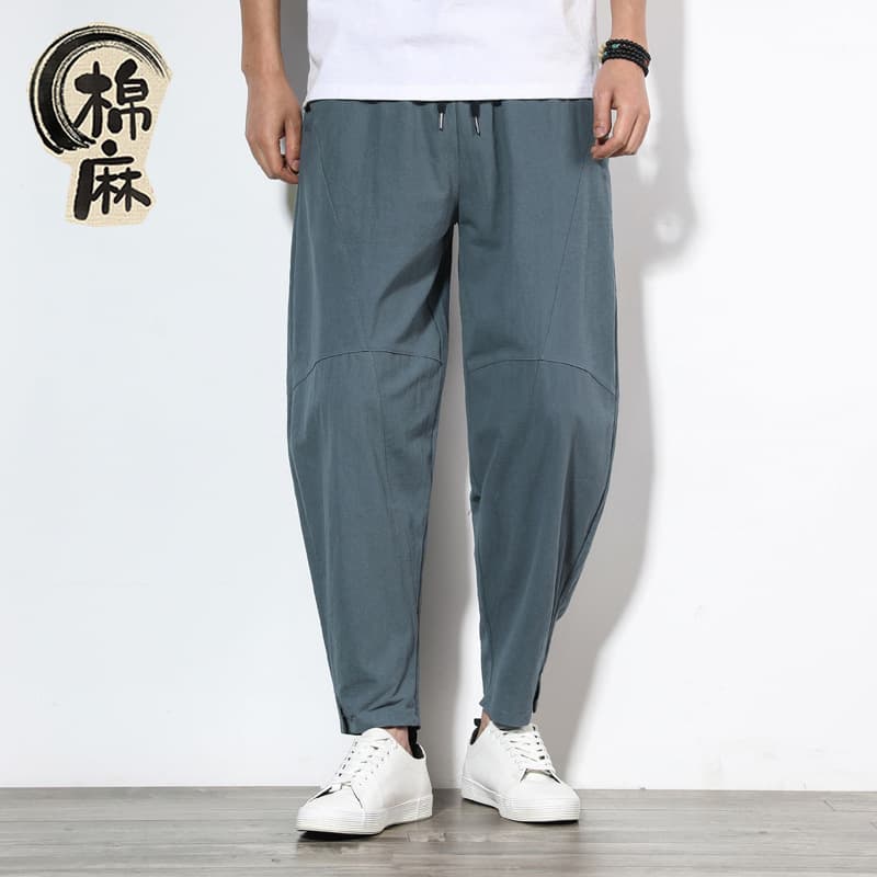 2025 Spring/Summer New Chinese Style Cotton Linen Men's Loose Harem Pants Plus Size Linen Wide Leg Pants Carrot Pants