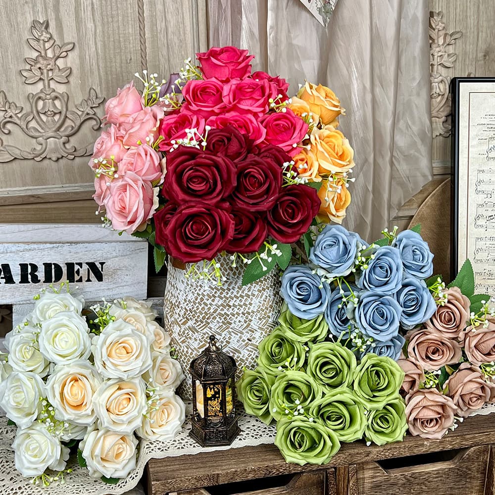 Nine-Headed Imperial Concubine Rose Artificial Fake Flower Handmade Bouquet Wedding Silk Flower Artificial Decorative Flower Wholesale Wedding Arrangement