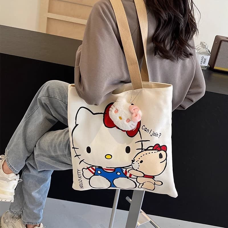Canvas Bag Large Capacity Tote Bag for Women Student Single Shoulder Handbag Cute Cat Commuter Bag