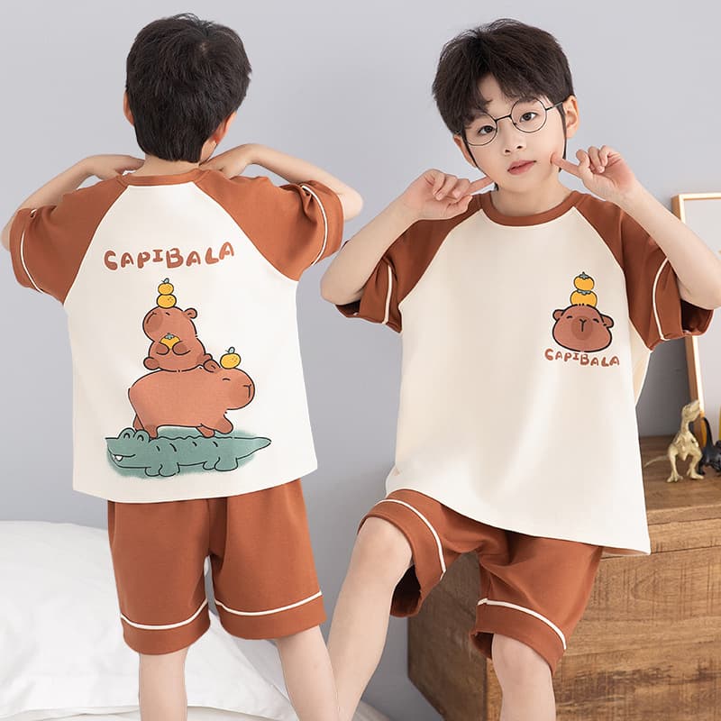 Children's Boys' Pajamas Summer Thin Breathable Combed Cotton Short Sleeve for Older Boys Air Conditioning Homewear Set