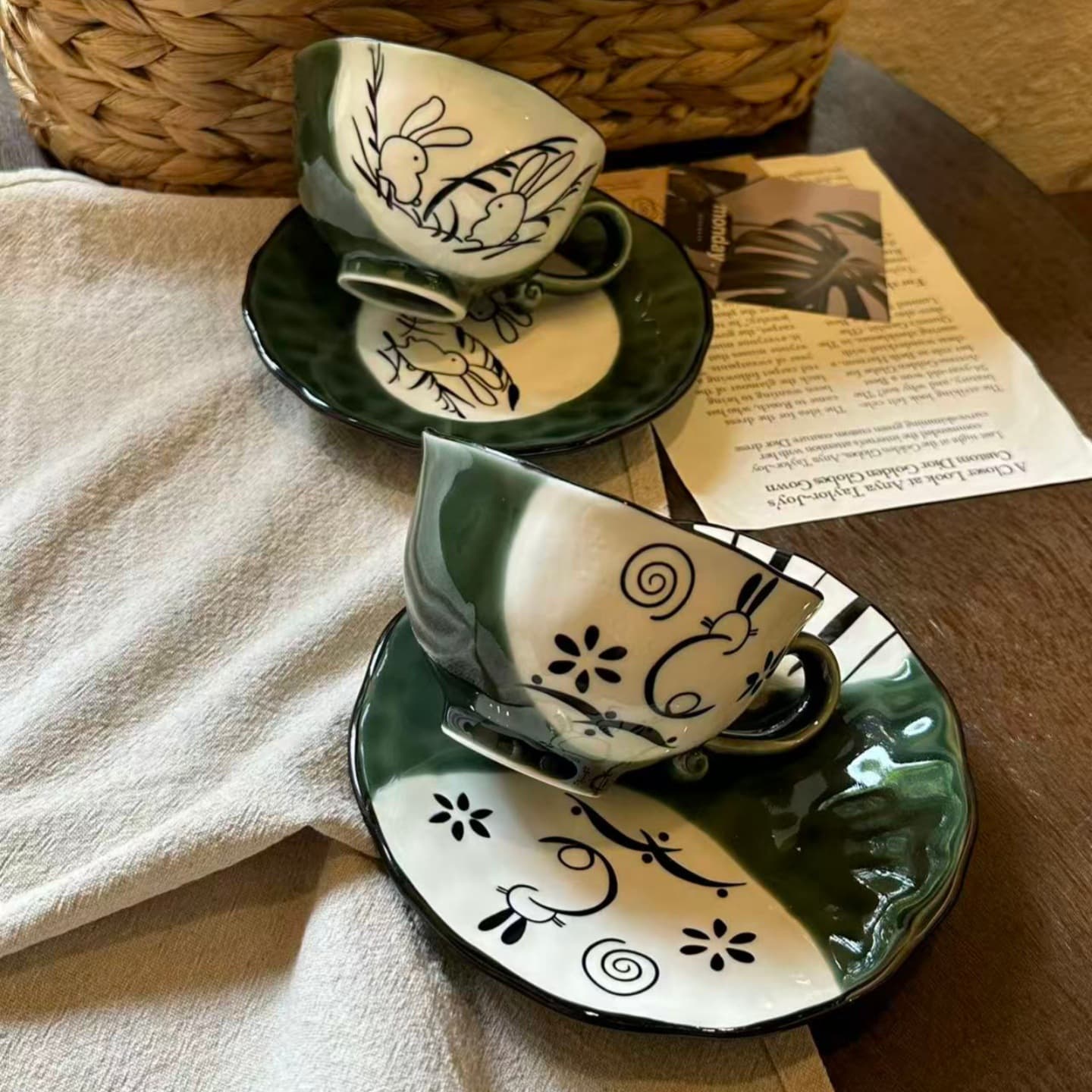 Celadon Creative Hand-Painted Rabbit Pattern Ceramic Mug High-End Birthday Gift Coffee Cup and Saucer