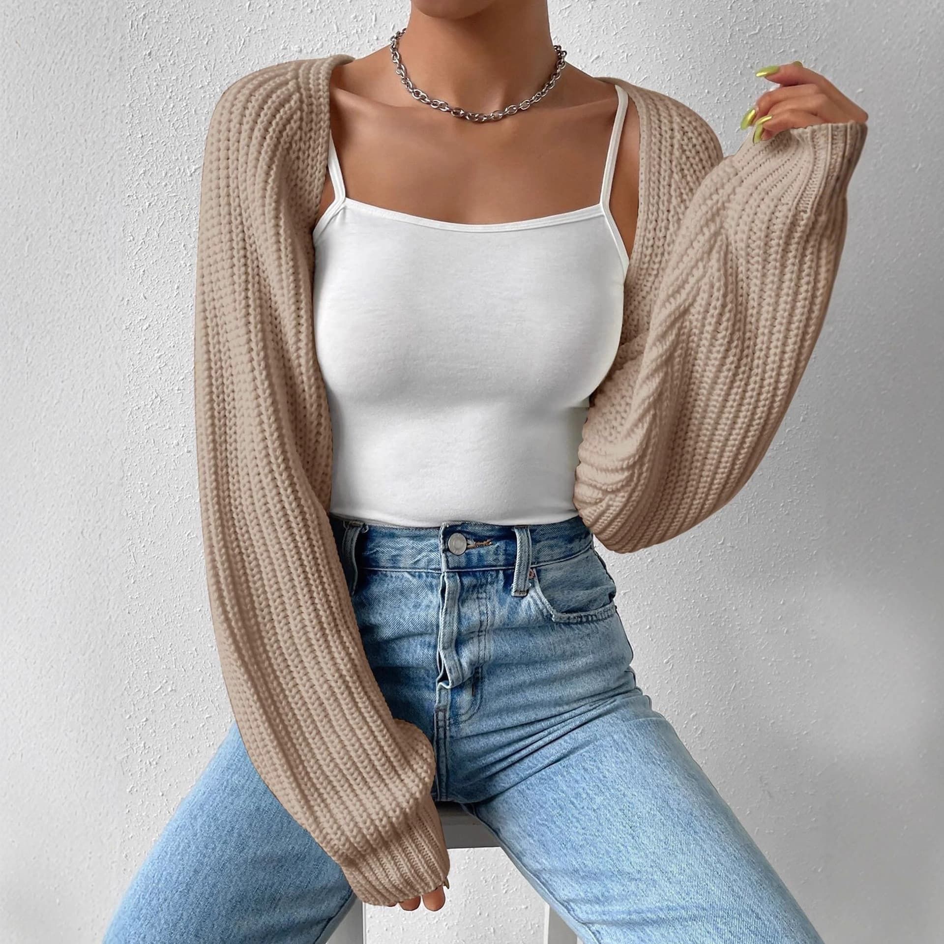 Women's Solid Color Fashion Knit Cardigan Short Drop Shoulder Long Sleeve Loose Knit Short Cardigan Sweater Wrap