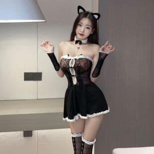 Yijin European and American Women Sexy Lingerie Bustier Catwoman Set Sweet and Cute See Through Mesh Stockings Passion Set