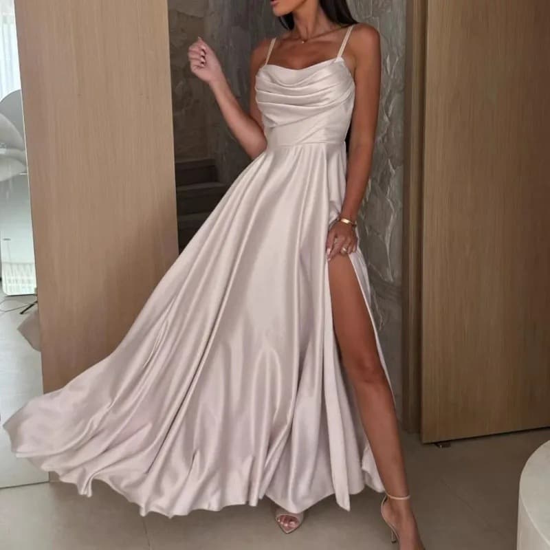 Elegant Women's Solid Color Thin Strap Party Dress Summer Sexy Off-Shoulder Pleated High Slit Luxurious Banquet Satin Long