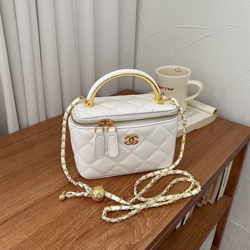Chanel-Style Women's Handbag Diamond Quilted Stitched Shoulder Box Bag Small Square Crossbody with Gold Ball Chain Cosmetic Bag