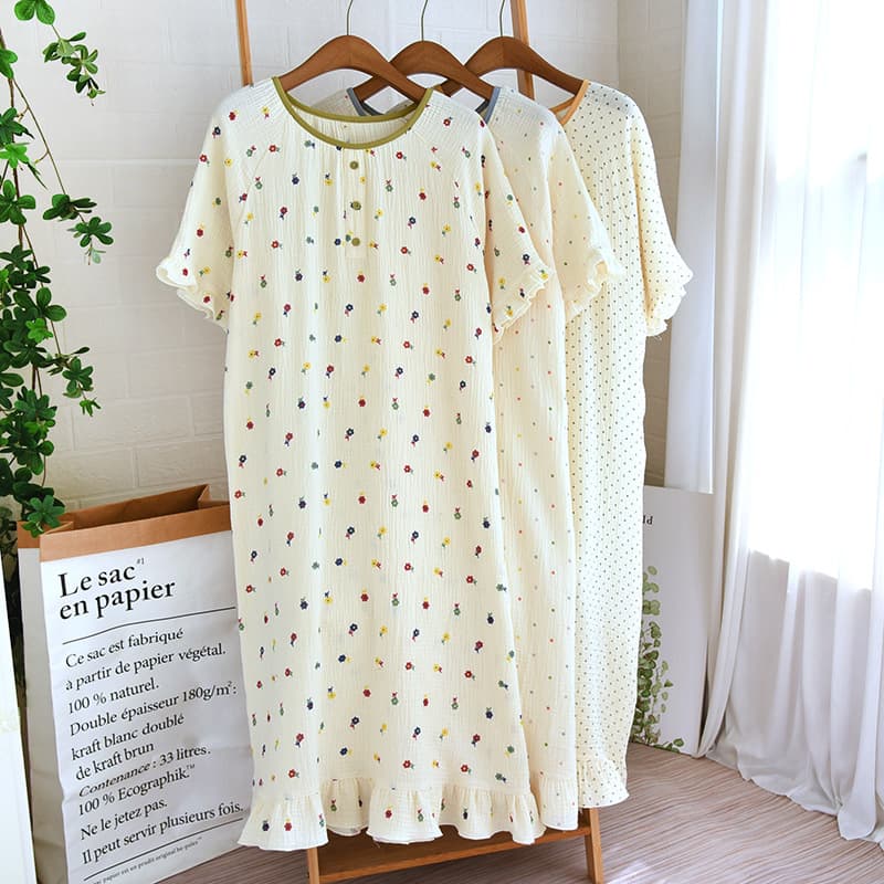 Cotton Gauze Sweet Four-Color Short-Sleeve Nightgown Loungewear Cardigan Long Dress Spring Summer New Style Long Sleeve Plus Size