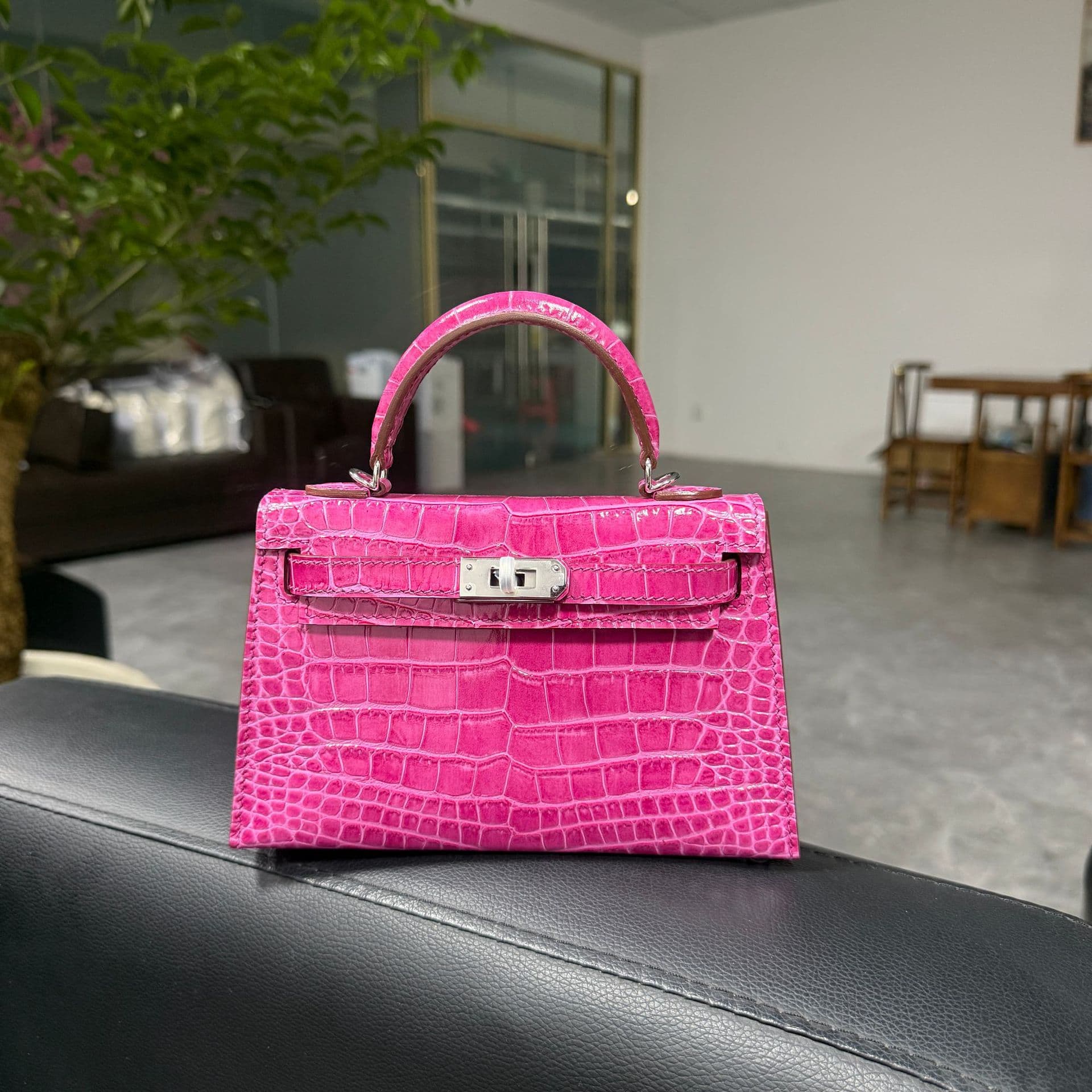 H-brand waxed thread fully hand-sewn mini Kelly bag alternative, all-steel hardware, crocodile pattern, handbag, genuine leather, crossbody bag