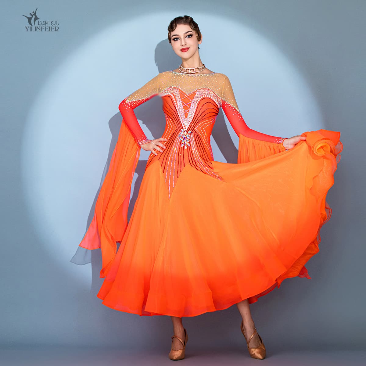 Orange Dopamine! European Fashion Modern Dance Dress S7112 Heavy Imitation Austrian Diamond Custom Ballroom Dance Dress