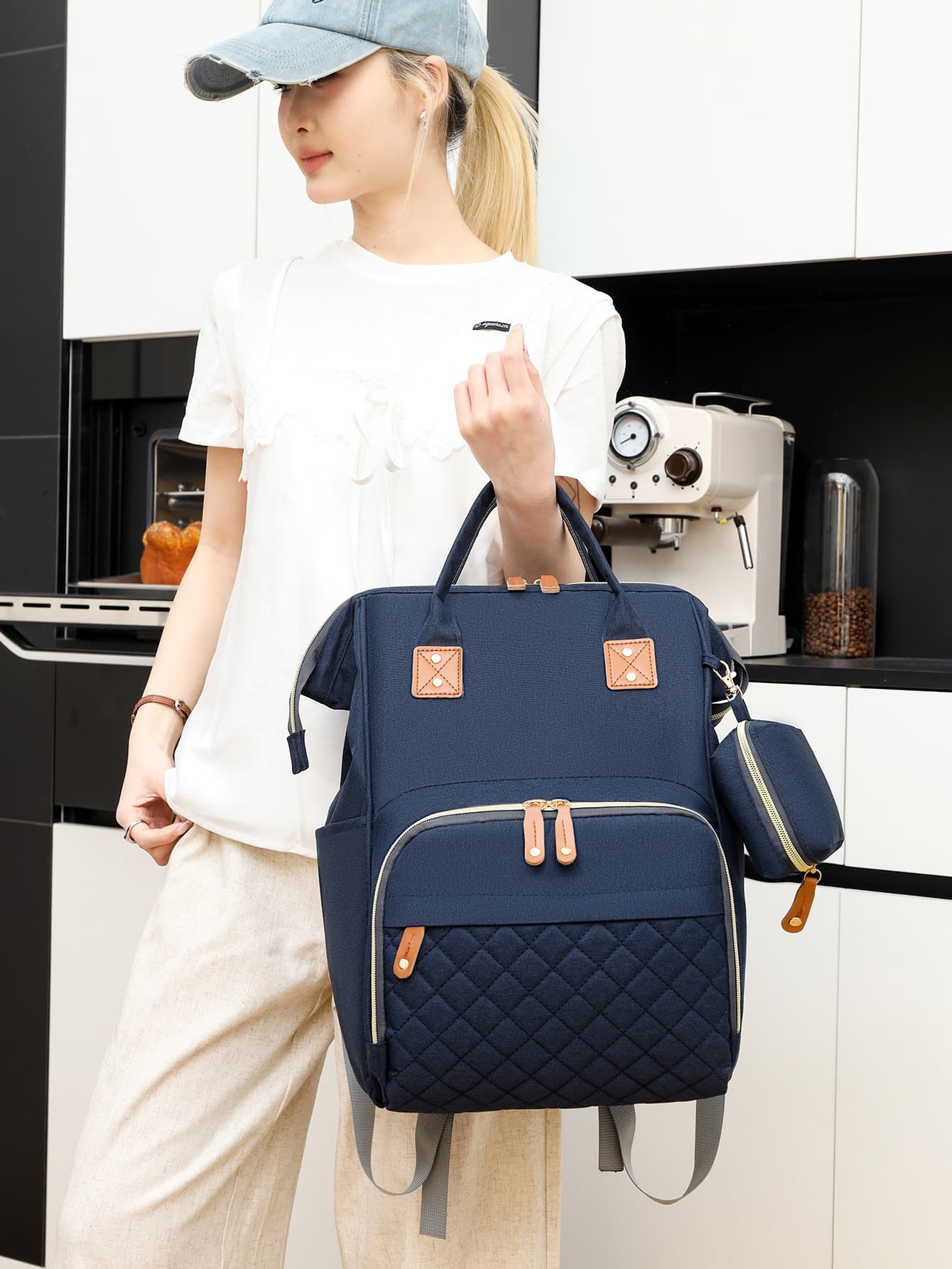 Cross-border Multifunctional Mom Bag, Stroller Hanging, Lightweight Large Capacity Storage Bag with Small Pouch, Handheld & Backpack Maternity Bag
